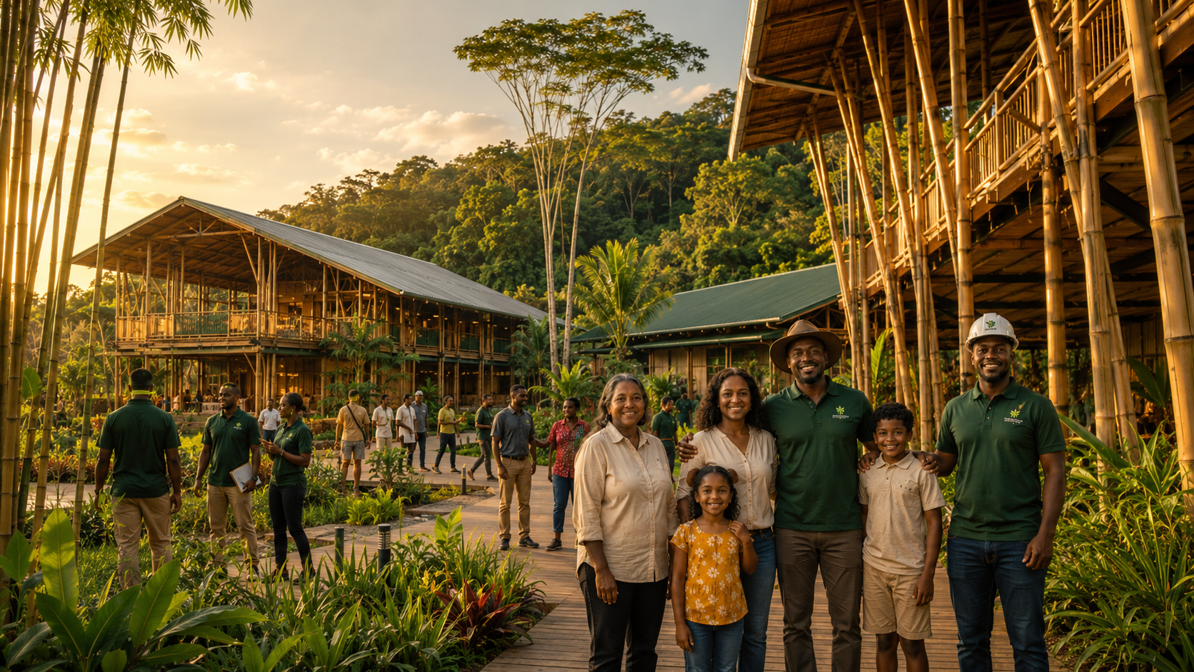 SUBACO community gathered at the Tibiti bamboo site at golden hour