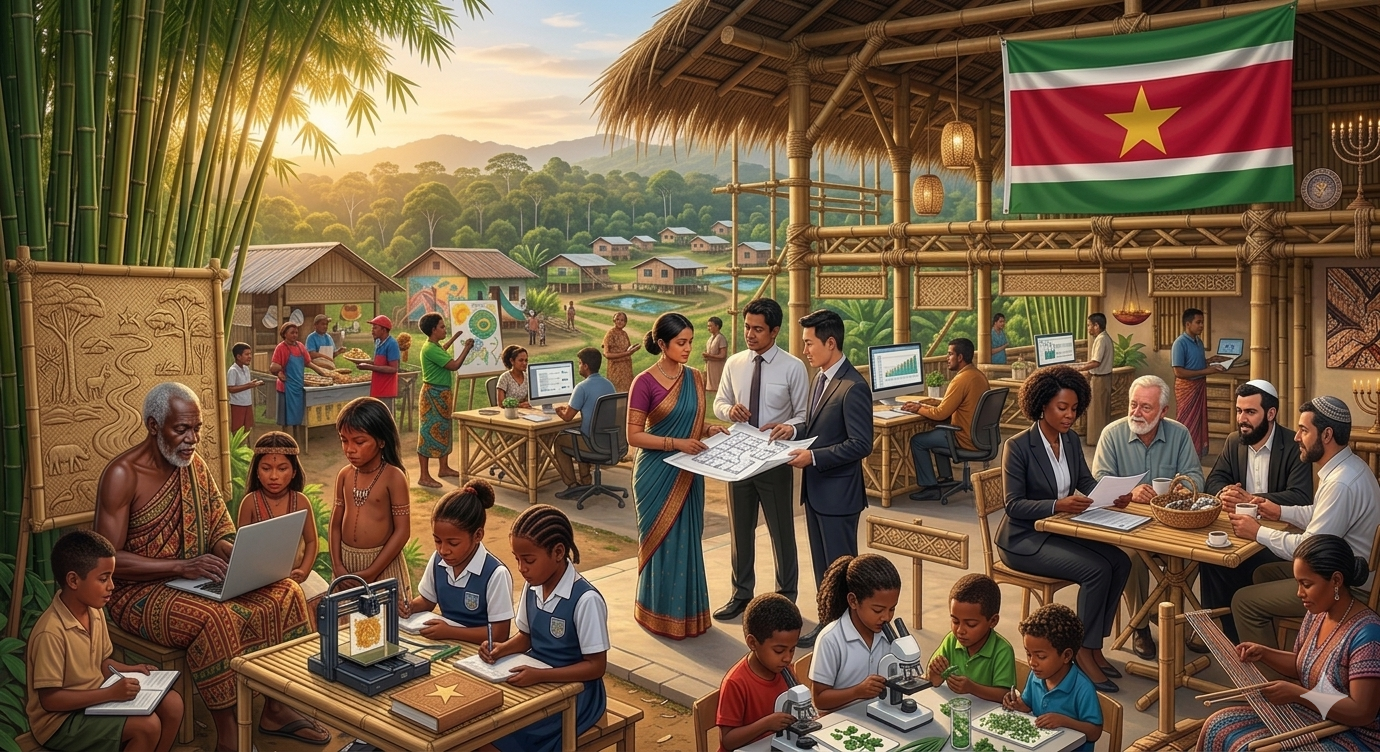 Local Surinamese community working with bamboo — harvesters, weavers, and children in front of a Suriname map